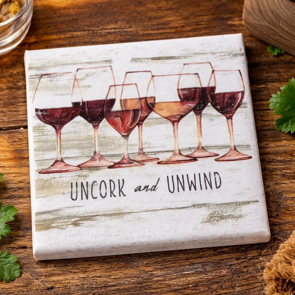 Uncork and Unwind Wine Coasters – Set of 4 | Ceramic Waterproof Drink Coasters | Wine Lover Gift | Bar Cart Decor | Hostess Gift