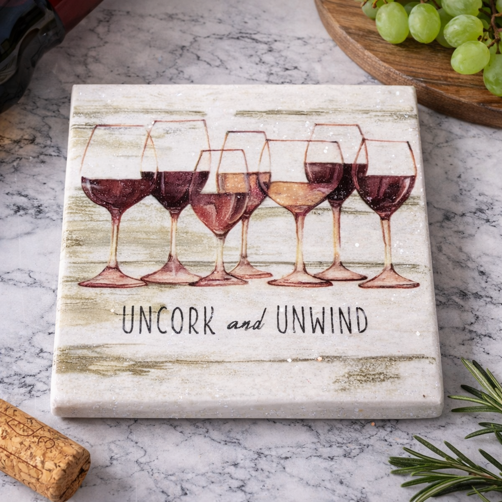 Uncork and Unwind Wine Coasters – Set of 4 | Ceramic Waterproof Drink Coasters | Wine Lover Gift | Bar Cart Decor | Hostess Gift