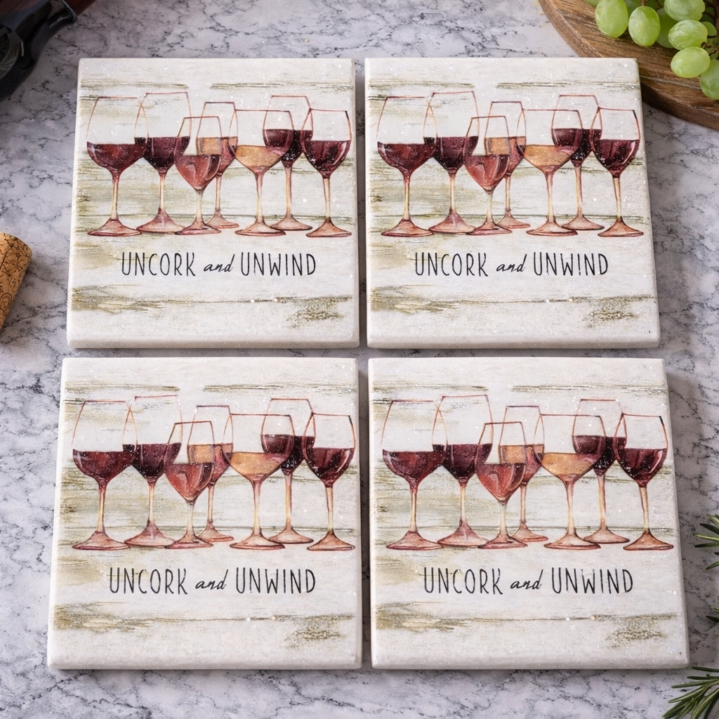 Uncork and Unwind Wine Coasters – Set of 4 | Ceramic Waterproof Drink Coasters | Wine Lover Gift | Bar Cart Decor | Hostess Gift