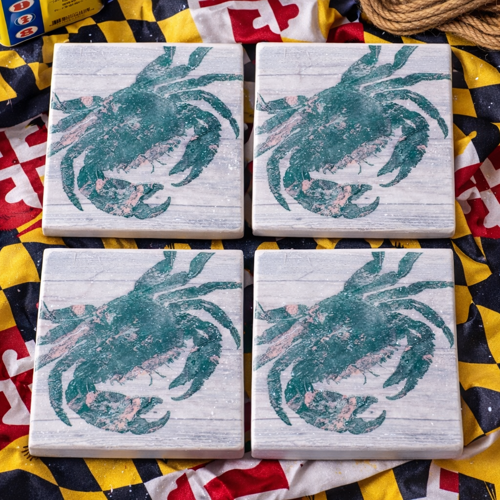 Maryland Crab Coasters – Set of 4 | Coastal Crab Ceramic Coasters | Maryland Decor | Beach House Drink Coasters | Chesapeake Bay Gift | Nautical Bar Decor