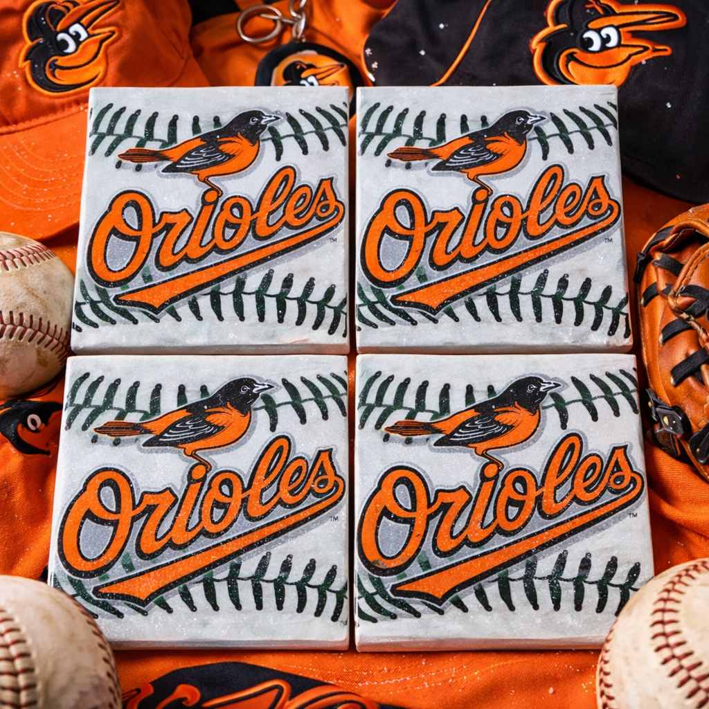 Baltimore Orioles Coasters – Set of 4 | Orioles Baseball Drink Coasters | Baltimore Baseball Fan Gift | Ceramic Waterproof Coasters | Sports Bar Decor