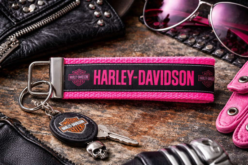 Pink Harley-Davidson Inspired Wristlet Keychain | Motorcycle Key Fob | Biker Gift for Her | Pink and Black Keychain | Wristlet Strap Accessory
