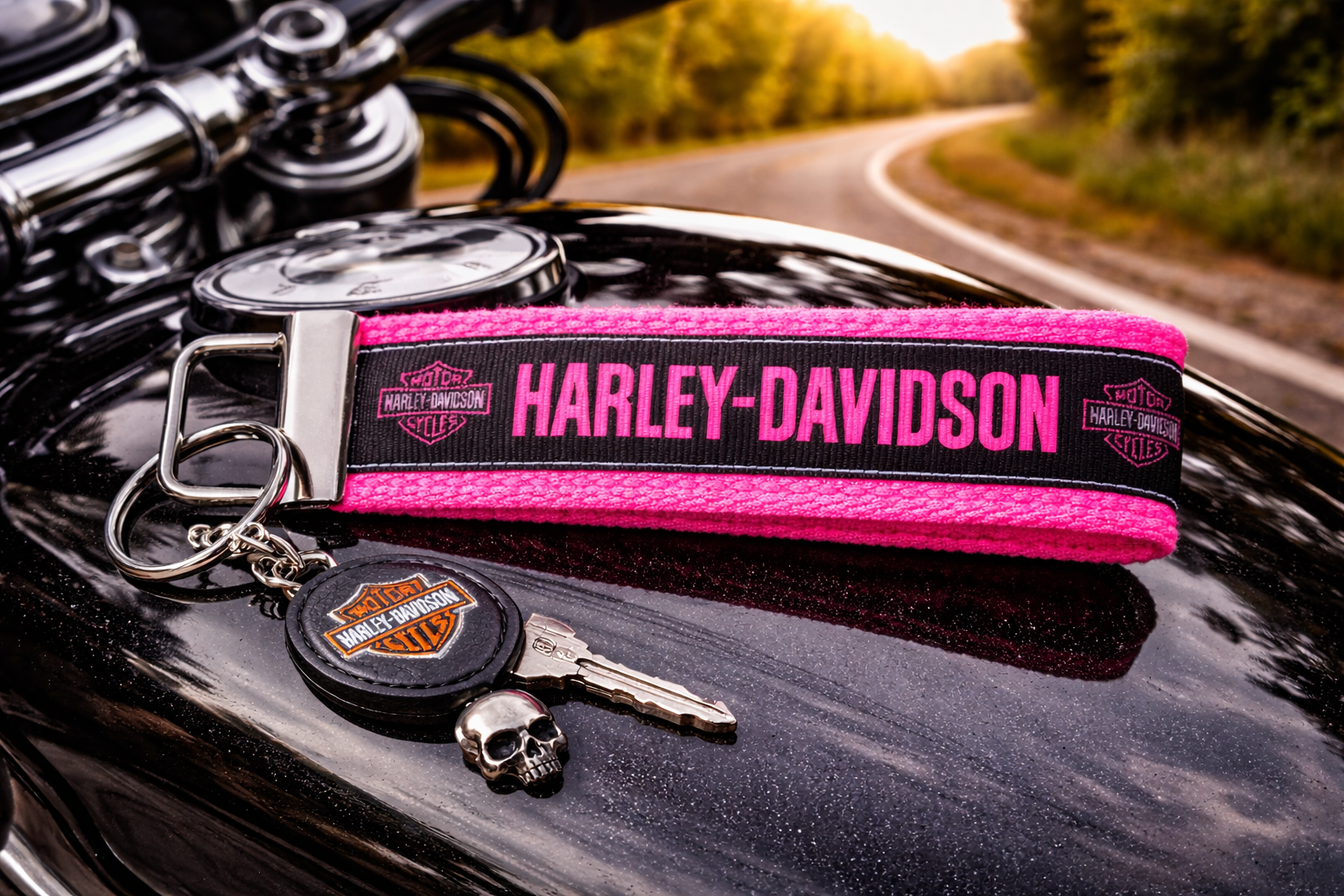 Pink Harley-Davidson Inspired Wristlet Keychain | Motorcycle Key Fob | Biker Gift for Her | Pink and Black Keychain | Wristlet Strap Accessory