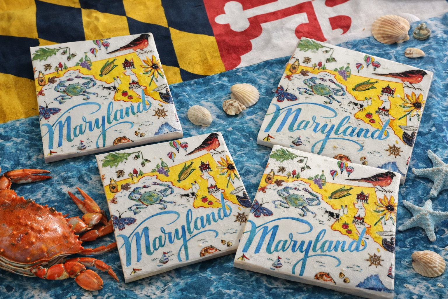 Maryland Ceramic Coaster – Chesapeake Bay Crab | Handmade Coastal Home Decor | Maryland Gift | Housewarming | Nautical Bar Decor