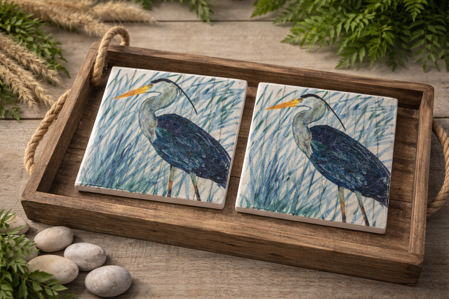 Coastal Heron Ceramic Coasters – Set of 4 | Beach House Decor | Great Blue Heron Drink Coasters | Coastal Bird Art | Waterproof Ceramic Coaster Set