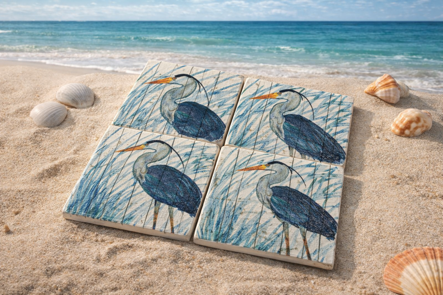 Coastal Heron Ceramic Coasters – Set of 4 | Beach House Decor | Great Blue Heron Drink Coasters | Coastal Bird Art | Waterproof Ceramic Coaster Set