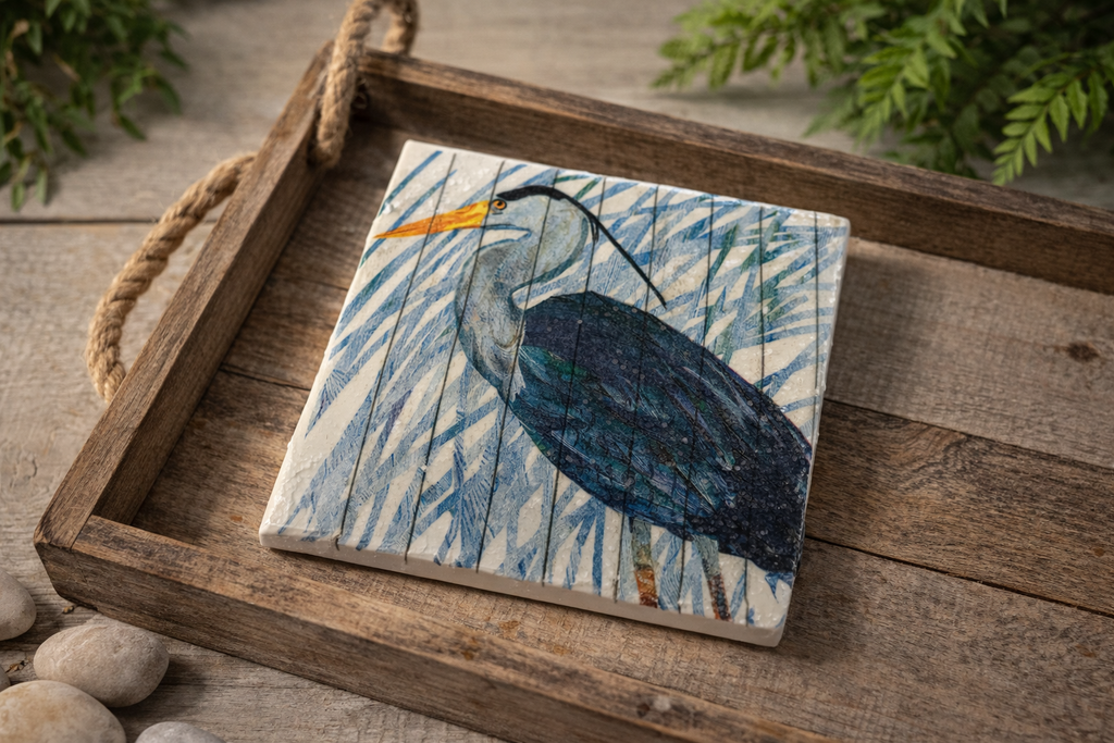Coastal Heron Ceramic Coasters – Set of 4 | Beach House Decor | Great Blue Heron Drink Coasters | Coastal Bird Art | Waterproof Ceramic Coaster Set
