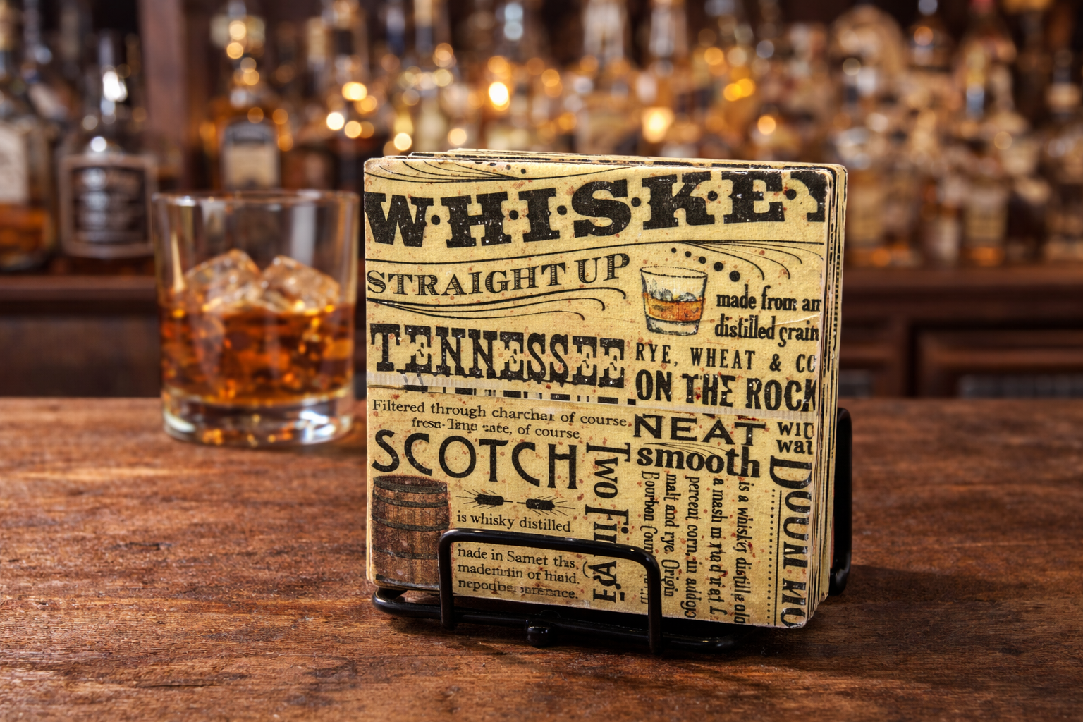 Whiskey Coasters Set of 4 – Vintage Bar Coasters – Bourbon & Scotch Drink Coasters – Man Cave Decor – Whiskey Lover Gift