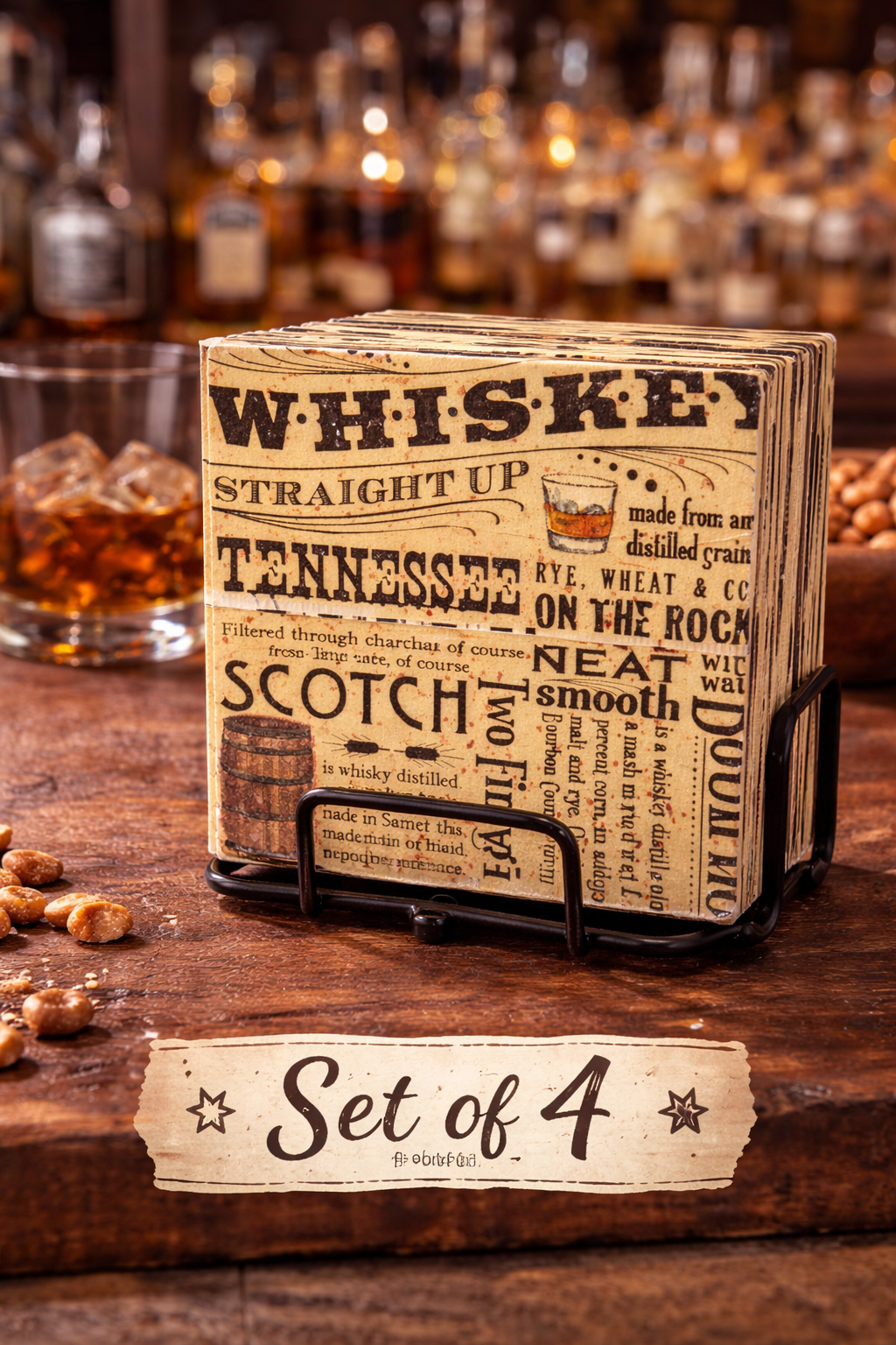 Whiskey Coasters Set of 4 – Vintage Bar Coasters – Bourbon & Scotch Drink Coasters – Man Cave Decor – Whiskey Lover Gift
