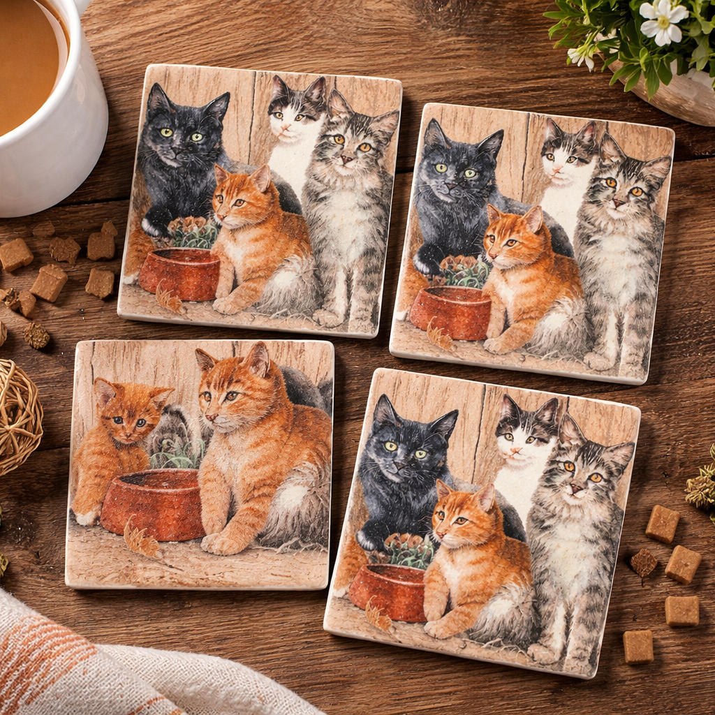 Cat Coasters Set of 4 – Vintage Kitten Drink Coasters – Cat Lover Gift – Cat Kitchen Decor – Cute Cat Table Coasters