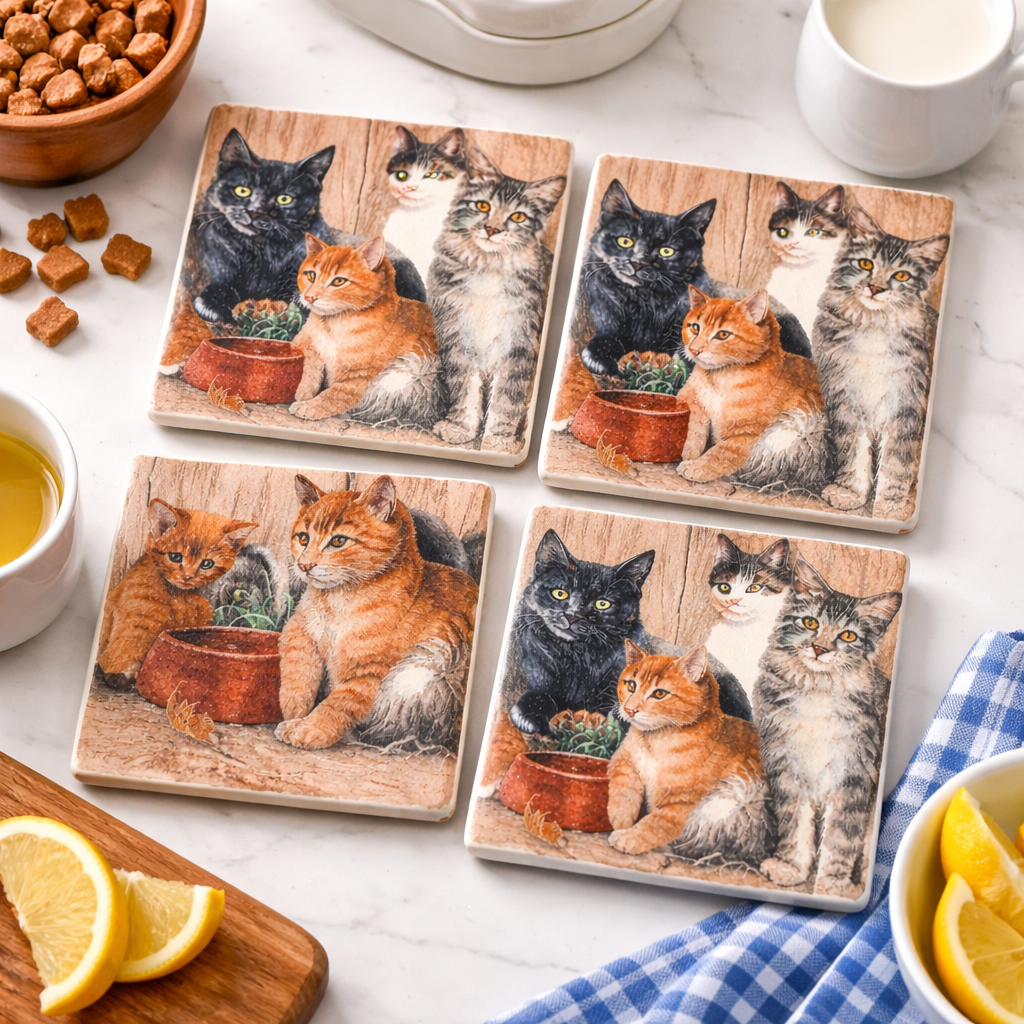 Cat Coasters Set of 4 – Vintage Kitten Drink Coasters – Cat Lover Gift – Cat Kitchen Decor – Cute Cat Table Coasters