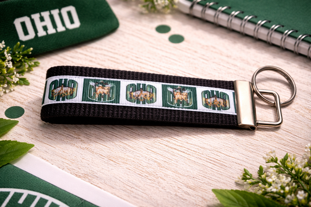 Ohio University Keychain – OHIO Bobcats Wristlet Key Fob – Green College Strap – Athens OH Gift – Student & Alumni Accessory