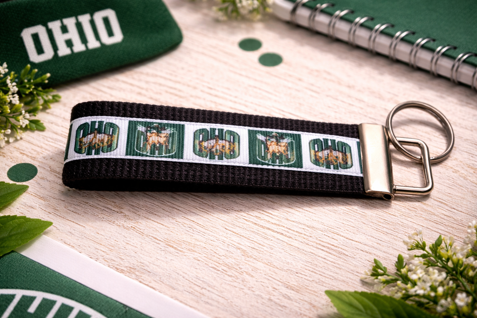 Ohio University Keychain – OHIO Bobcats Wristlet Key Fob – Green College Strap – Athens OH Gift – Student & Alumni Accessory