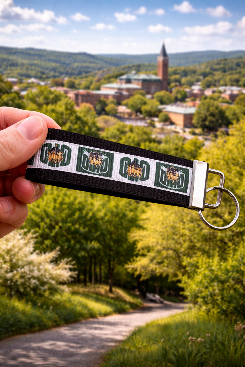 Ohio University Keychain – OHIO Bobcats Wristlet Key Fob – Green College Strap – Athens OH Gift – Student & Alumni Accessory