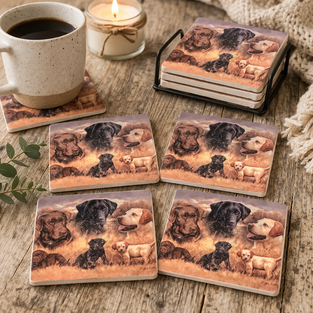 🐾 Labrador Retriever Coaster Set – Rustic Dog Lover Gift – Farmhouse Style Stone Coasters (Set of 4)