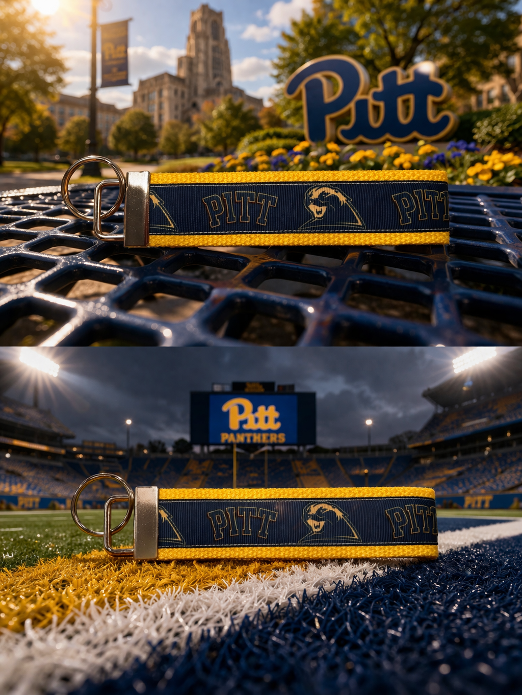 🟡 University of Pittsburgh “Pitt” Keychain Wristlet – Navy & Gold Panthers Key Fob