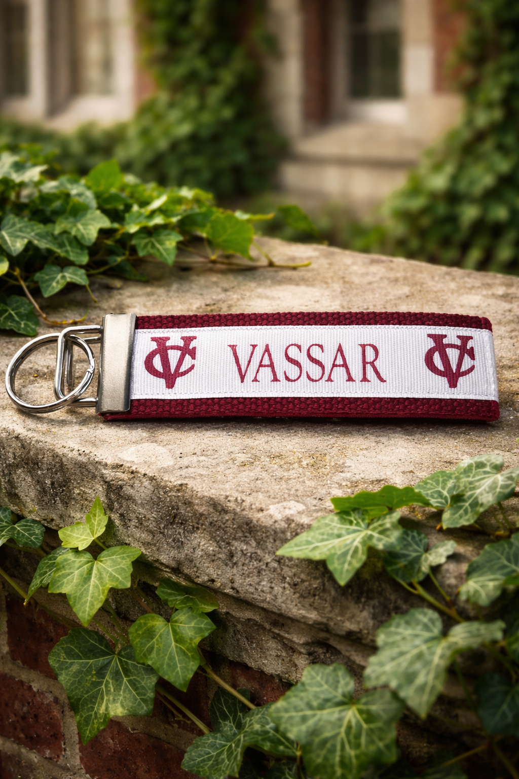 Vassar College Keychain | VC Logo Wristlet Key Fob | Preppy Ivy League Gift | College Accessories | Alumni Gift | Burgundy Keychain