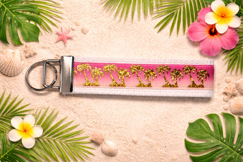 🌴 Tropical Palm Tree Wristlet Keychain – Pink Ombre & Gold Glitter – Beachy Keychain Strap 🌴