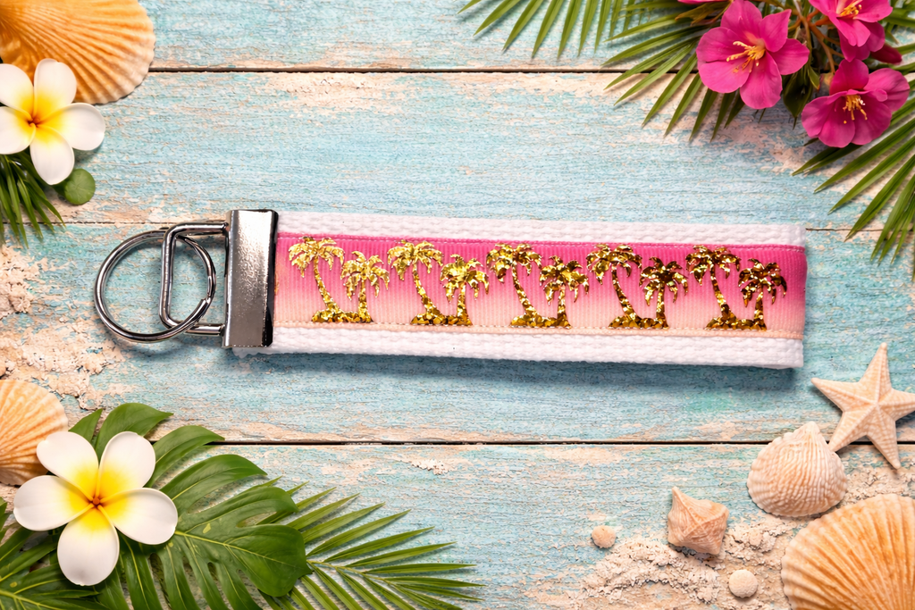 🌴 Tropical Palm Tree Wristlet Keychain – Pink Ombre & Gold Glitter – Beachy Keychain Strap 🌴