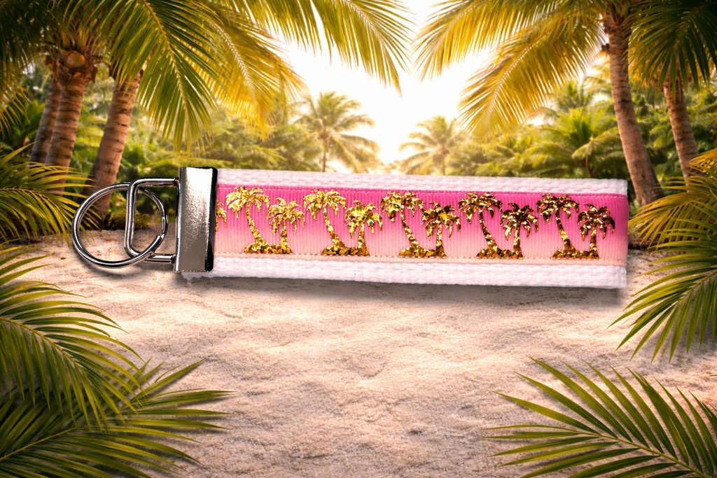 🌴 Tropical Palm Tree Wristlet Keychain – Pink Ombre & Gold Glitter – Beachy Keychain Strap 🌴