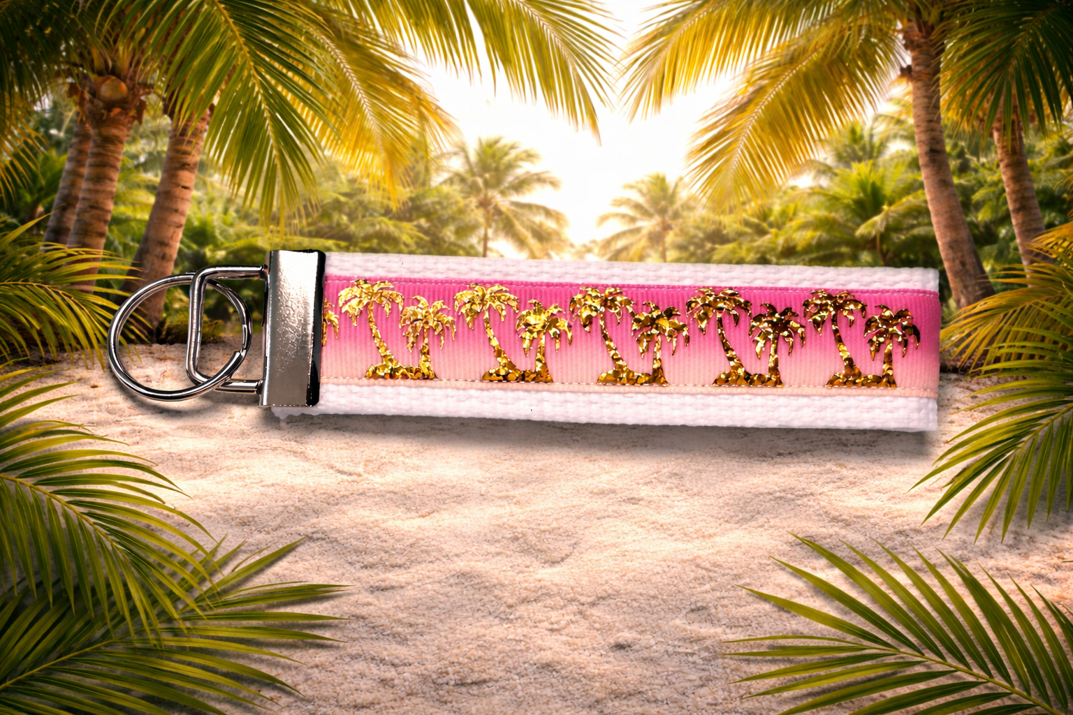 🌴 Tropical Palm Tree Wristlet Keychain – Pink Ombre & Gold Glitter – Beachy Keychain Strap 🌴