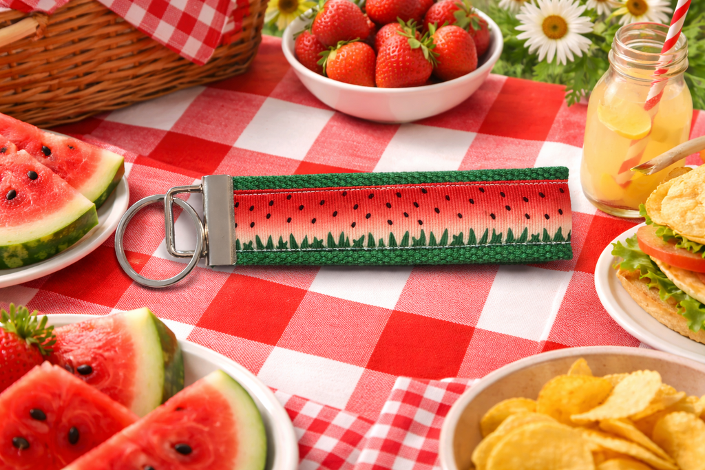 Watermelon Wristlet Keychain, Summer Key Fob, Cute Fruit Keychain, Picnic Keychain, Handmade Fabric Key Ring, Gift for Her