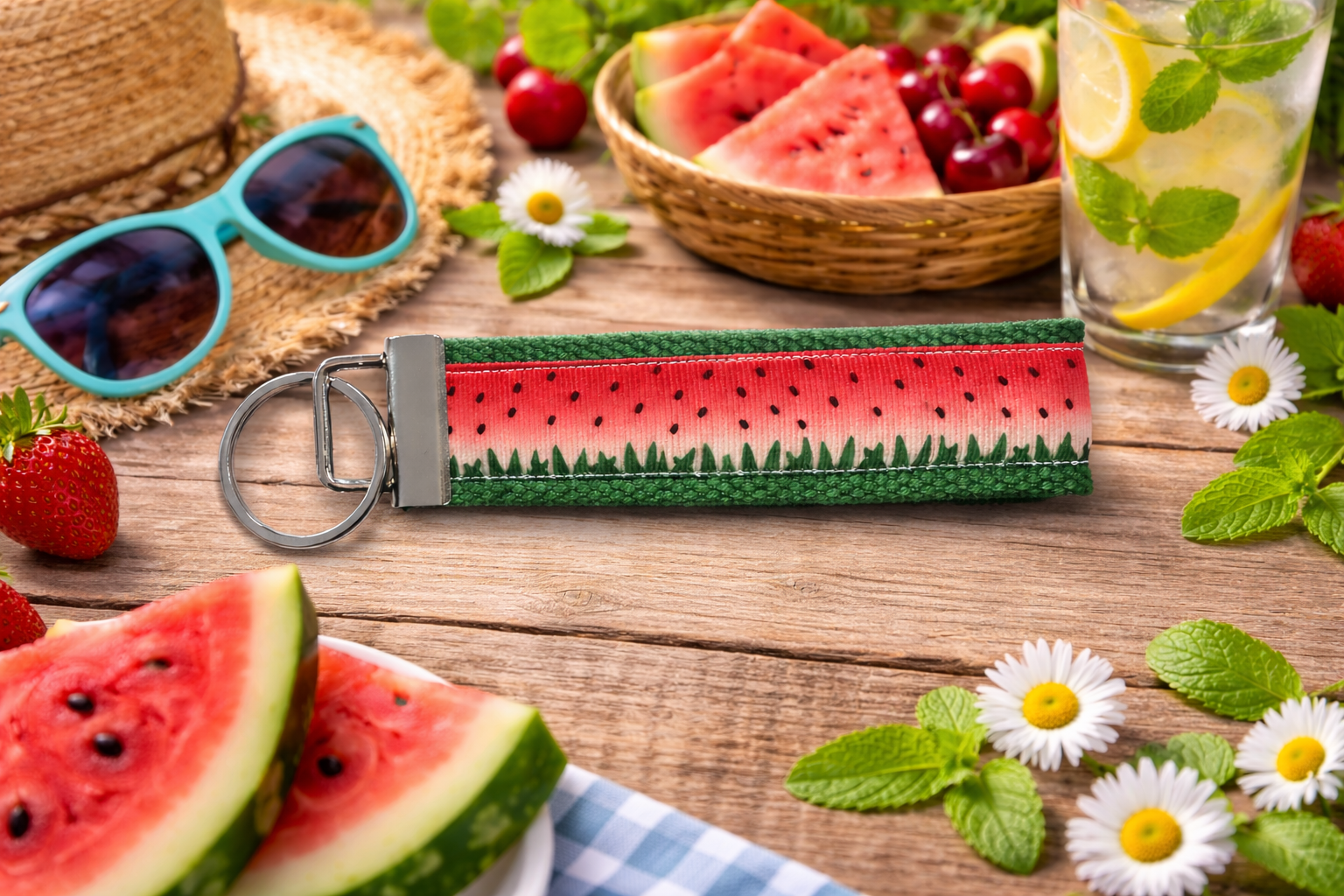 Watermelon Wristlet Keychain, Summer Key Fob, Cute Fruit Keychain, Picnic Keychain, Handmade Fabric Key Ring, Gift for Her