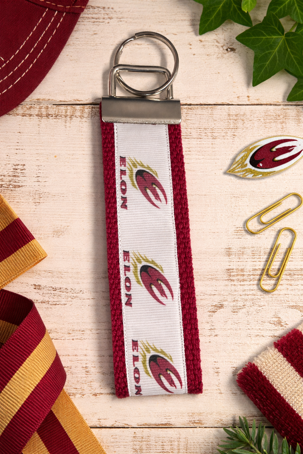 Elon University Keychain Wristlet – Handmade Maroon & Gold Phoenix Key Fob
