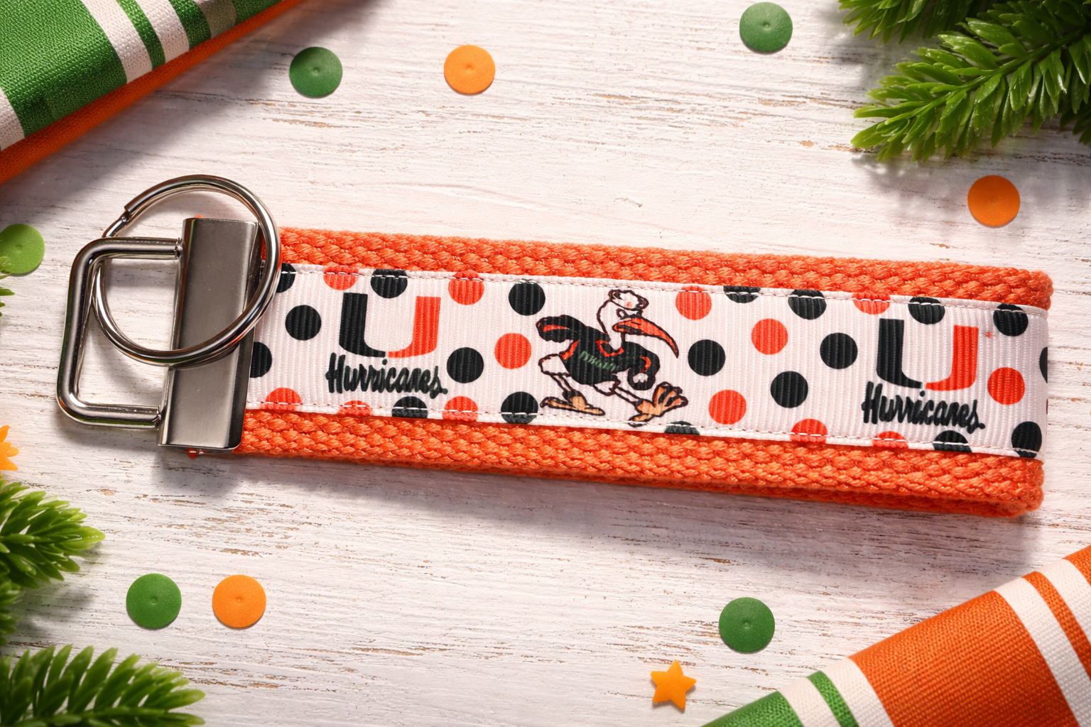 University of Miami Hurricanes Wristlet Keychain | Orange Polka Dot Sebastian Ibis Key Fob | Handmade Miami Fan Gift
