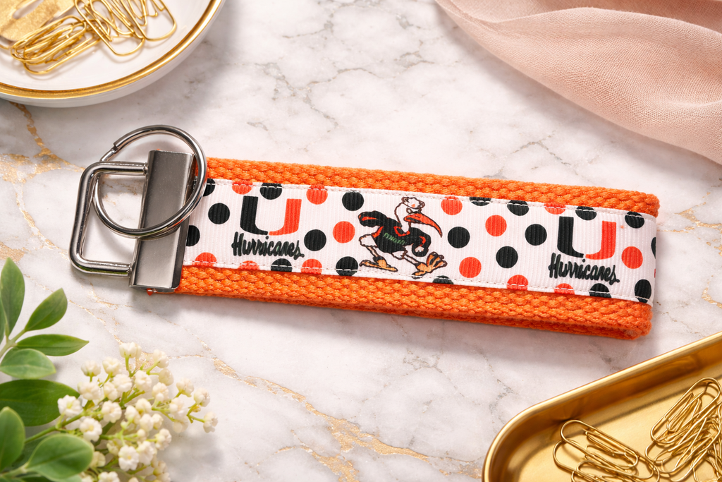 University of Miami Hurricanes Wristlet Keychain | Orange Polka Dot Sebastian Ibis Key Fob | Handmade Miami Fan Gift