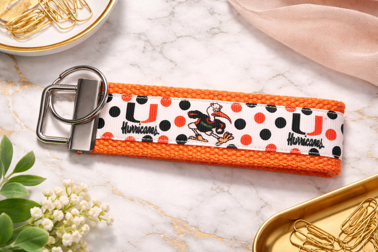 University of Miami Hurricanes Wristlet Keychain | Orange Polka Dot Sebastian Ibis Key Fob | Handmade Miami Fan Gift