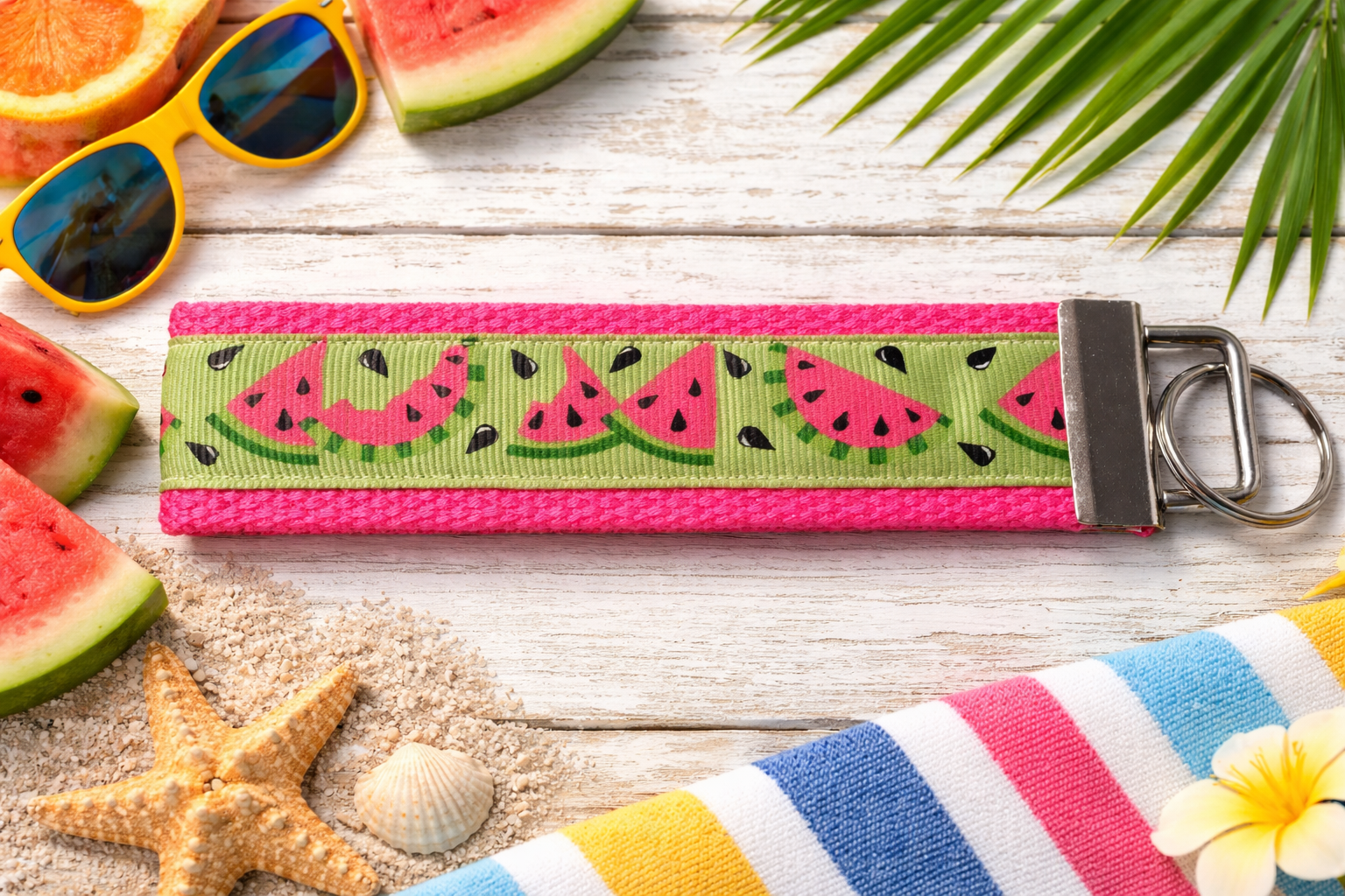 🍉 Watermelon Wristlet Keychain – Summer Keychain, Cute Key Fob, Teacher Gift, Beach Accessories