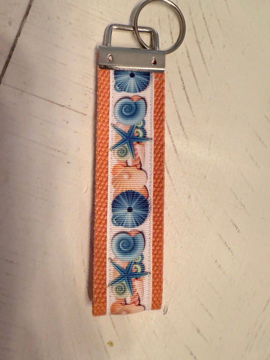 Orange and Blue Starfish and Sanddollar Cotton Webbing Keychain/Keyfob/Wristlet