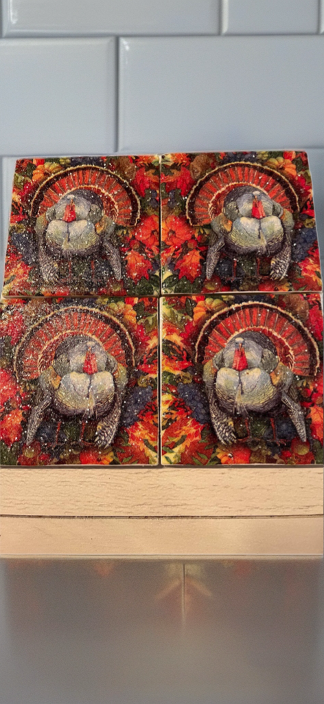 🦃 Thanksgiving Turkey Coaster Set (4) – Handmade, Water-Resistant, Gift-Ready