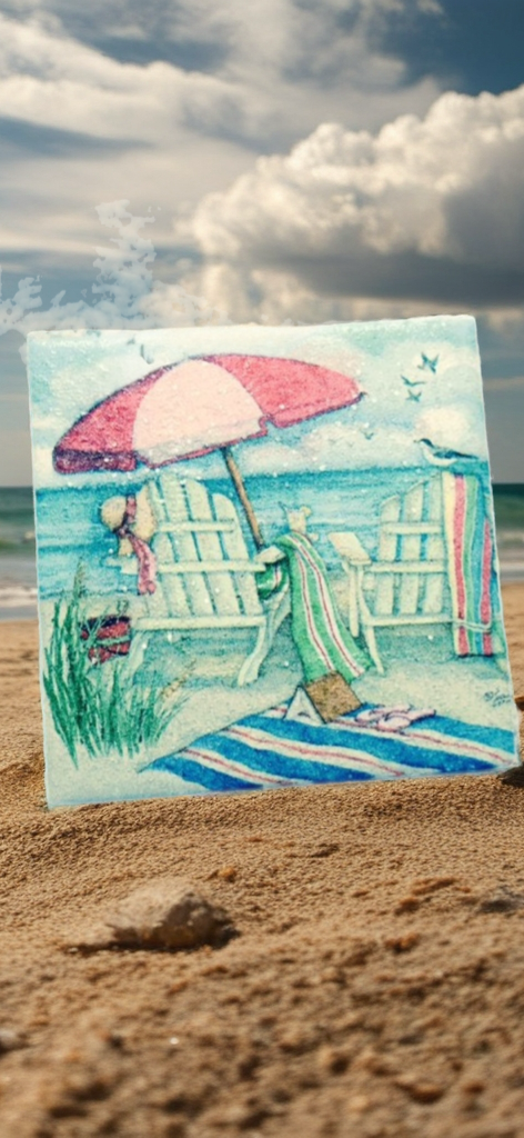 Beach Vibes Coaster Set – Coastal Umbrella & Adirondack Chair Scene (Set of 4)