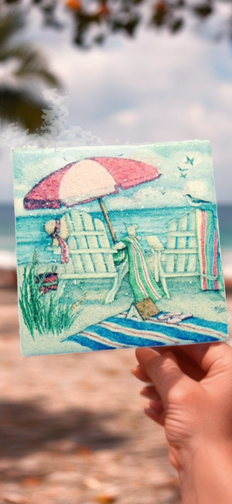 Beach Vibes Coaster Set – Coastal Umbrella & Adirondack Chair Scene (Set of 4)