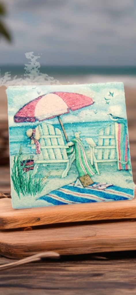 Beach Vibes Coaster Set – Coastal Umbrella & Adirondack Chair Scene (Set of 4)