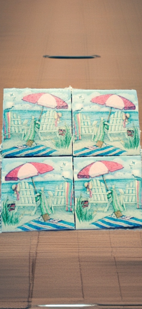 Beach Vibes Coaster Set – Coastal Umbrella & Adirondack Chair Scene (Set of 4)