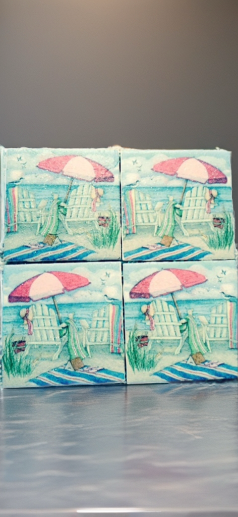 Beach Vibes Coaster Set – Coastal Umbrella & Adirondack Chair Scene (Set of 4)
