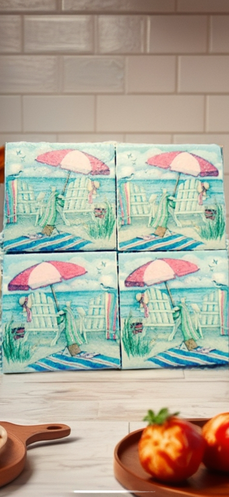 Beach Vibes Coaster Set – Coastal Umbrella & Adirondack Chair Scene (Set of 4)