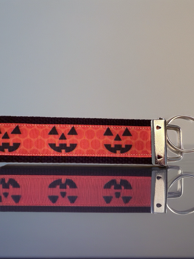 Orange and Black Happy Jack'o'lantern Faces Cotton Webbing Keychain/ Keyfob/ Wristlet