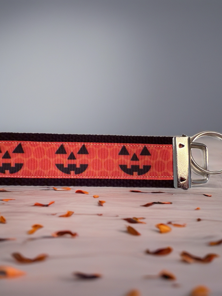 Orange and Black Happy Jack'o'lantern Faces Cotton Webbing Keychain/ Keyfob/ Wristlet