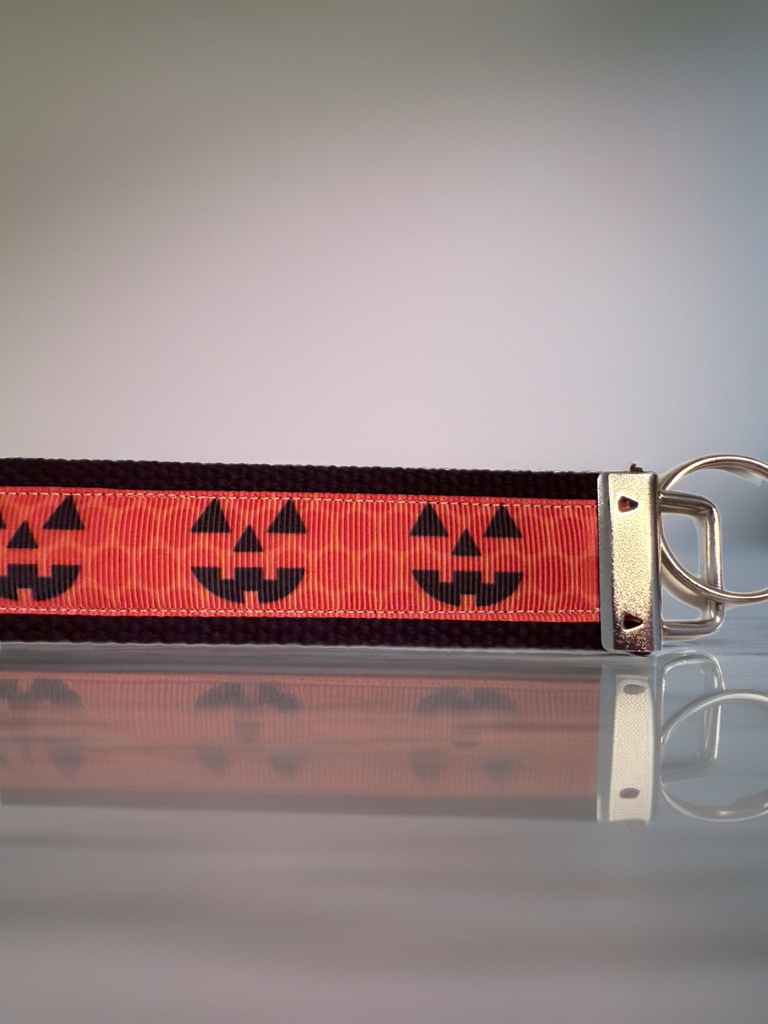 Orange and Black Happy Jack'o'lantern Faces Cotton Webbing Keychain/ Keyfob/ Wristlet
