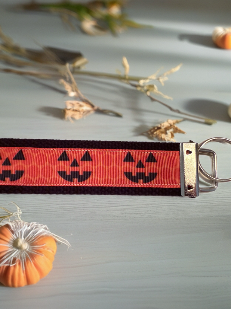 Orange and Black Happy Jack'o'lantern Faces Cotton Webbing Keychain/ Keyfob/ Wristlet