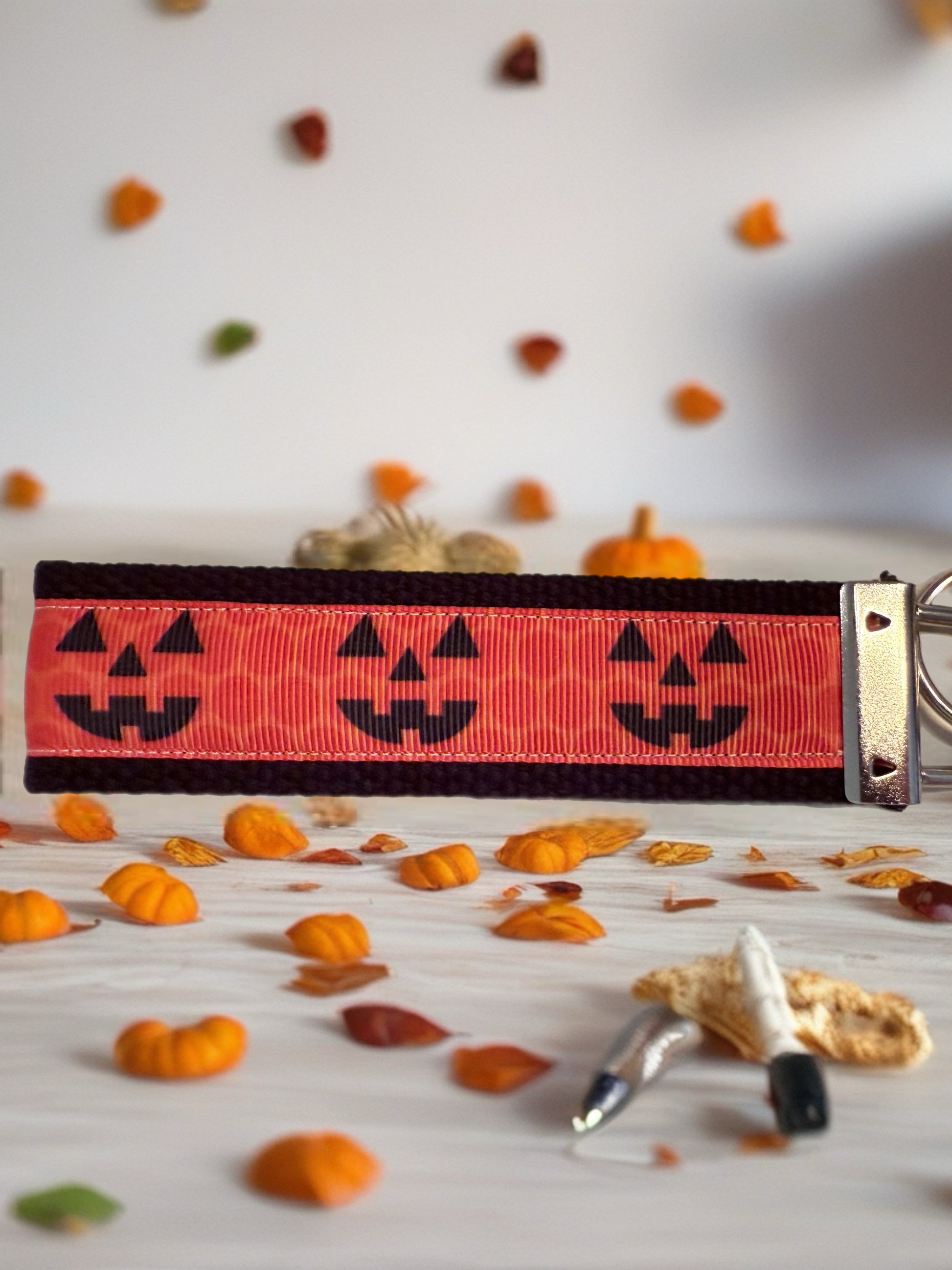 Orange and Black Happy Jack'o'lantern Faces Cotton Webbing Keychain/ Keyfob/ Wristlet