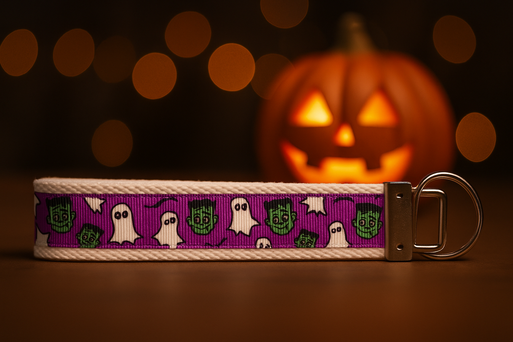 🎃 Spooky Halloween Wristlet Keychain – Ghosts, Frankensteins & Fun!