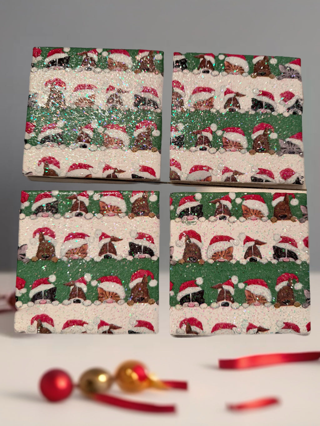 🎄 Holiday Pet Coaster Set – Santa Paws Dogs & Cats – Glittery Christmas Decor
