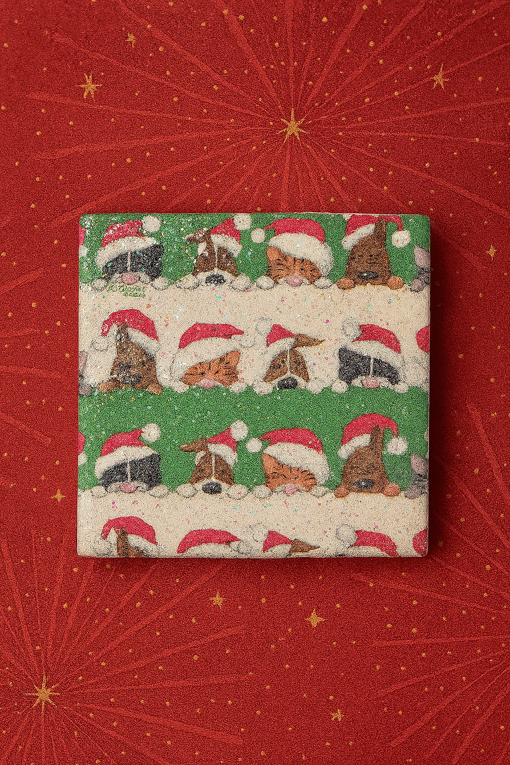 🎄 Holiday Pet Coaster Set – Santa Paws Dogs & Cats – Glittery Christmas Decor