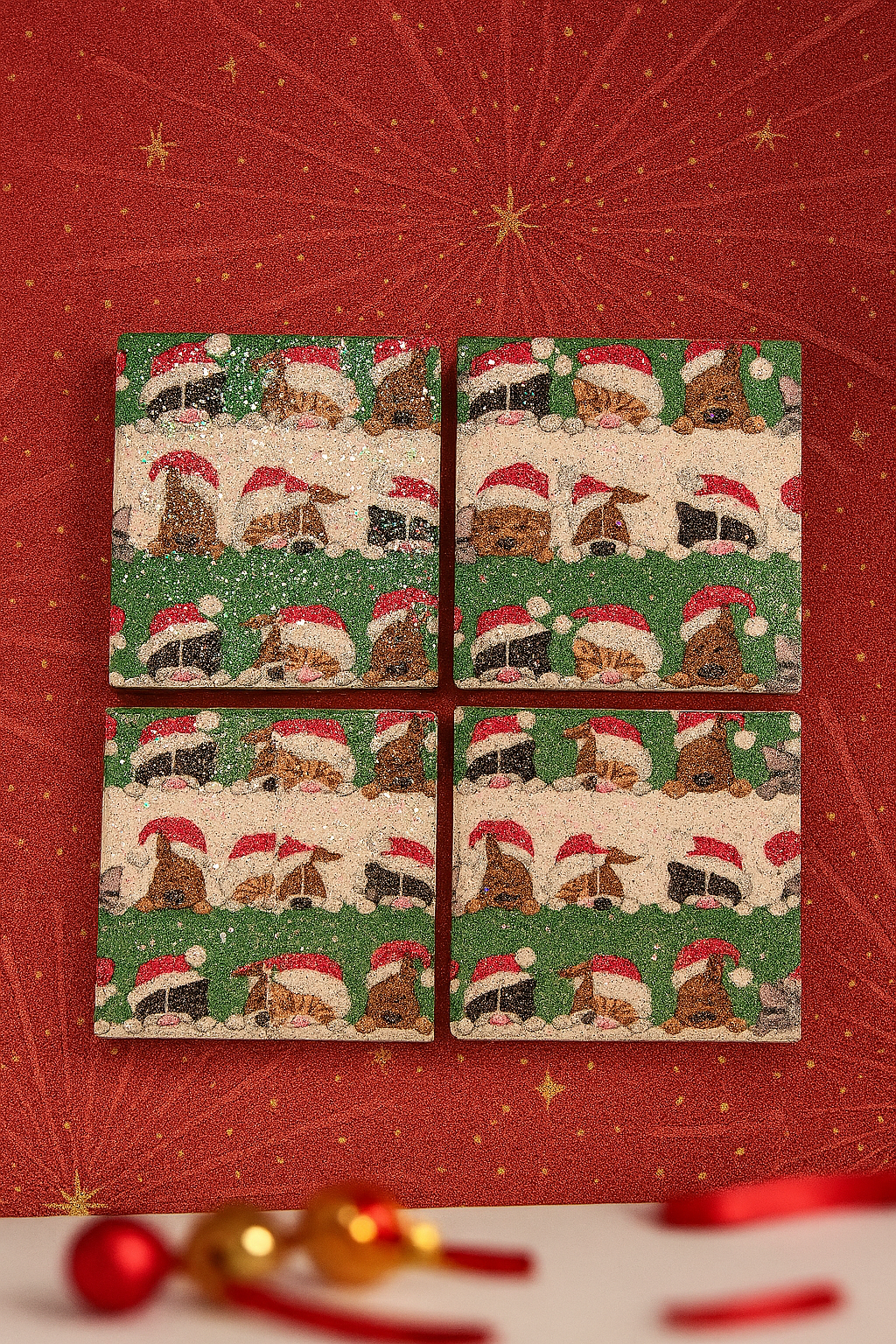 🎄 Holiday Pet Coaster Set – Santa Paws Dogs & Cats – Glittery Christmas Decor