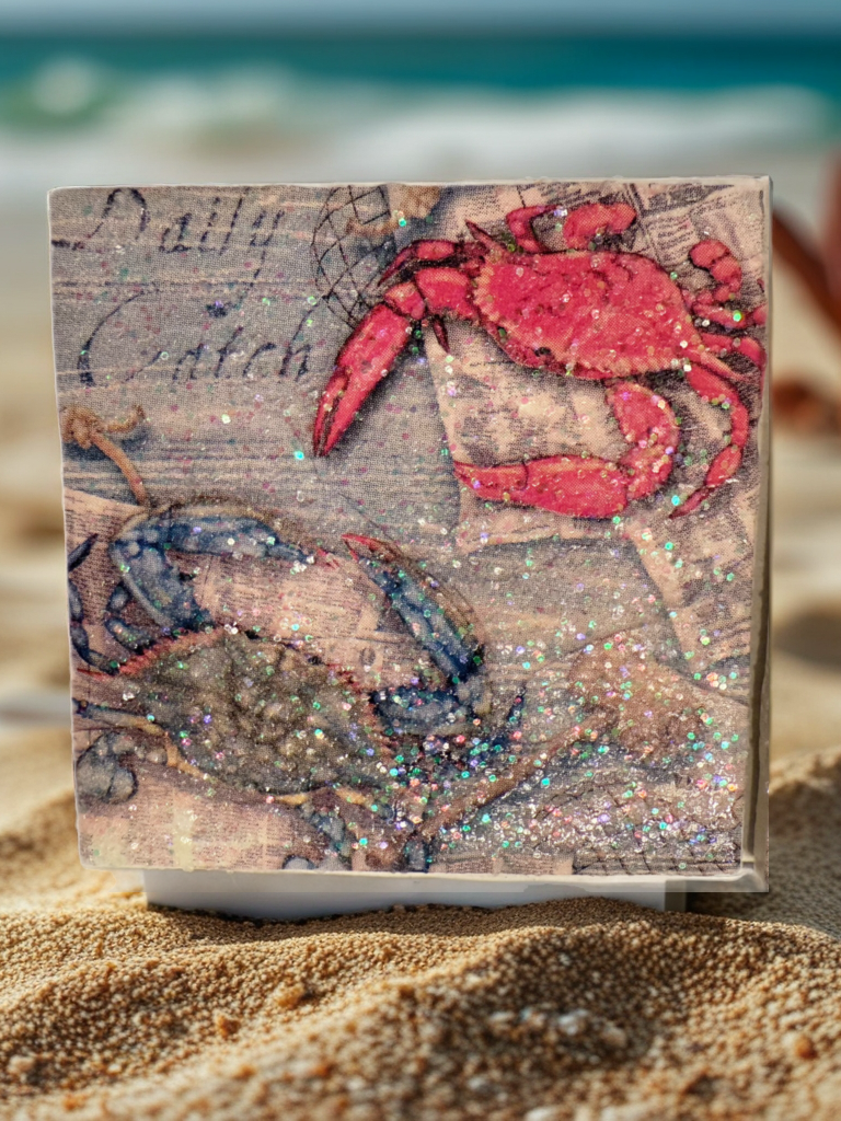Title:
🦀 Coastal Crab Coaster Set – Nautical Beach Decor with Glitter Finish (Set of 4)